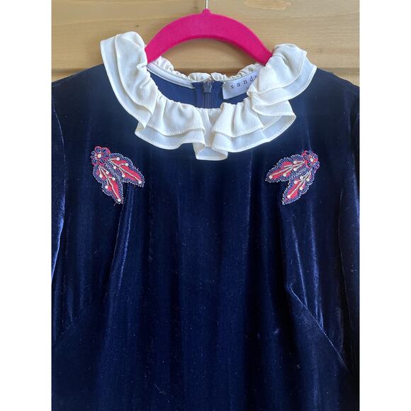 Sandro Paris Velvet Embroidered Ruffled Mini Blue Dress Size 1 - Picture 2 of 9